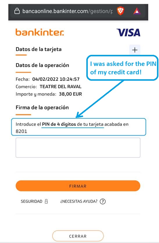 User asked for PIN of their credit card in order to validate an online purchase